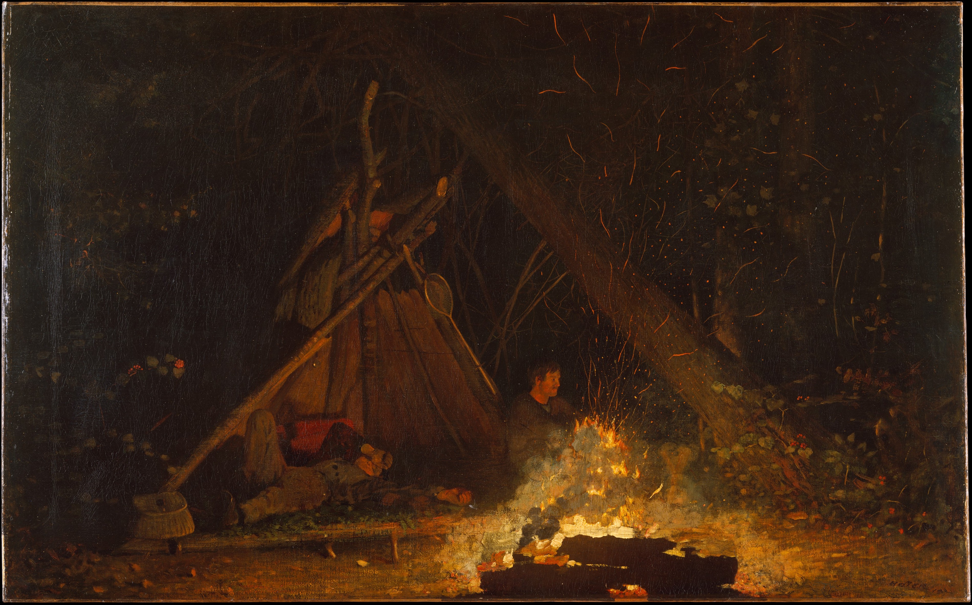 Two men beside a woodland campfire, one reclining beneath a branch shelter and one seated upright, with sparks rising above the flames.